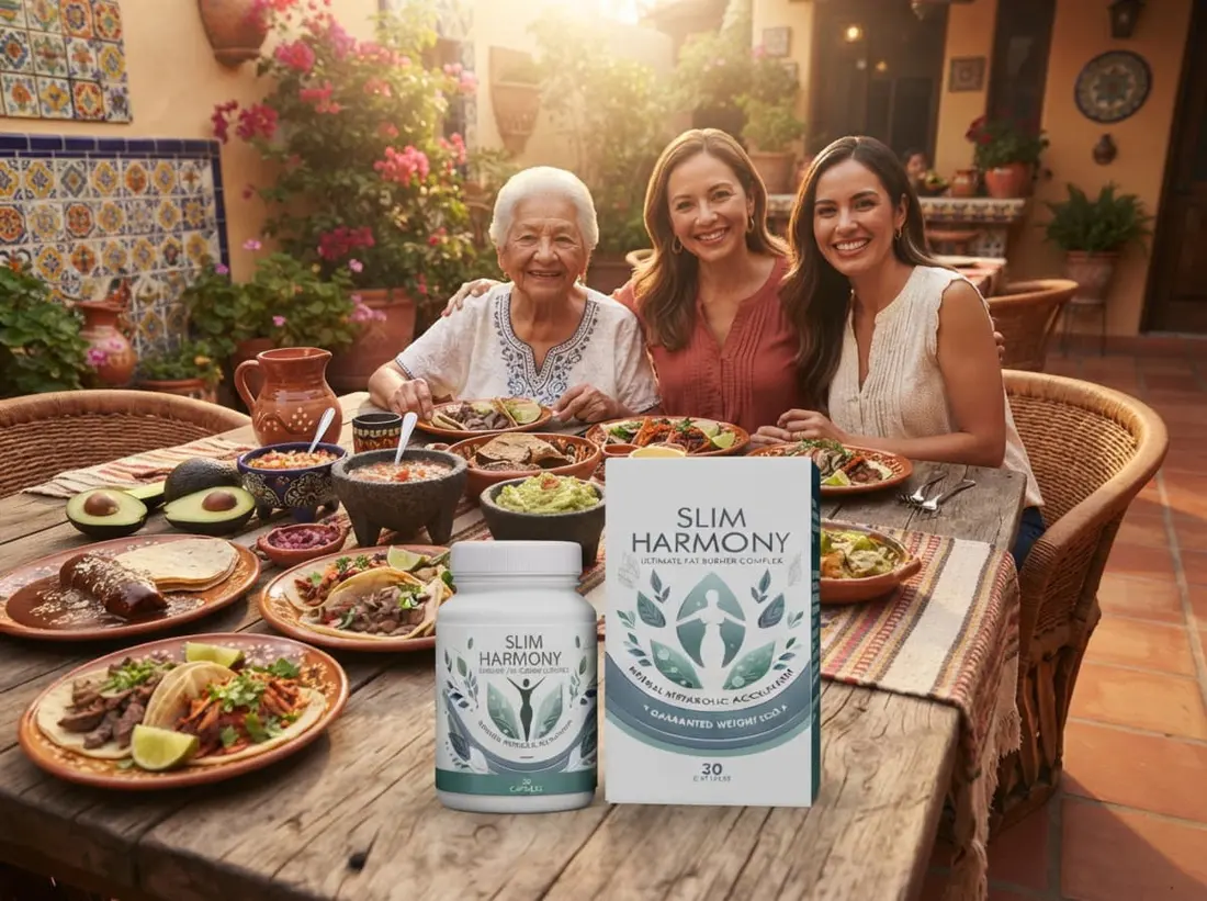 Familia mexicana comiendo en casa con Slim Harmony sobre la mesa