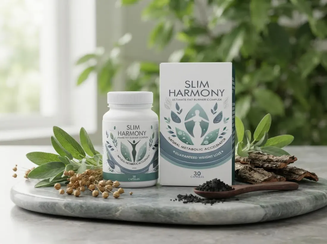 Composición botánica con hojas, semillas y el empaque de Slim Harmony