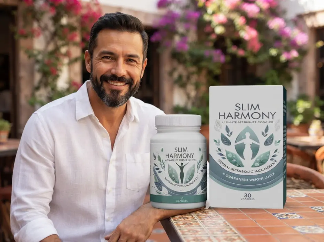 Hombre mexicano en su cocina con el empaque de Slim Harmony