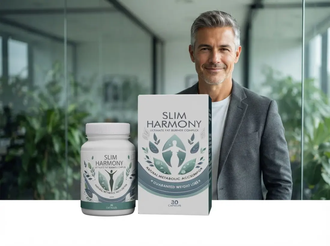 Hombre mexicano en oficina con Slim Harmony sobre el escritorio