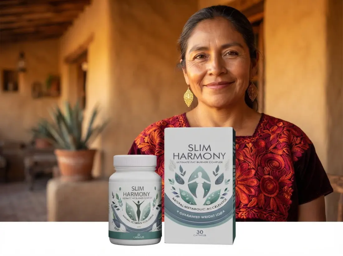 Mujer oaxaqueña con blusa bordada junto al empaque de Slim Harmony