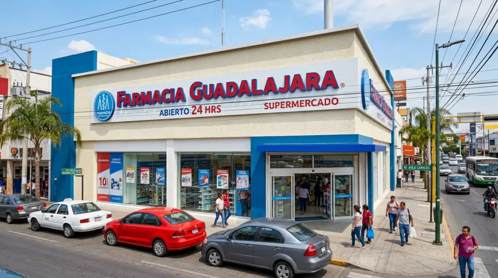 Sucursal de Farmacias Guadalajara con su rotulación característica