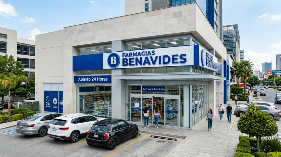 Fachada de una farmacia Benavides en México